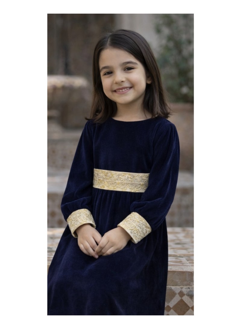 فستان إسلامي مخملي للبنات بأكمام طويلة مع حزام ذهبي منفصل، فستان ماكسي، - Image 3